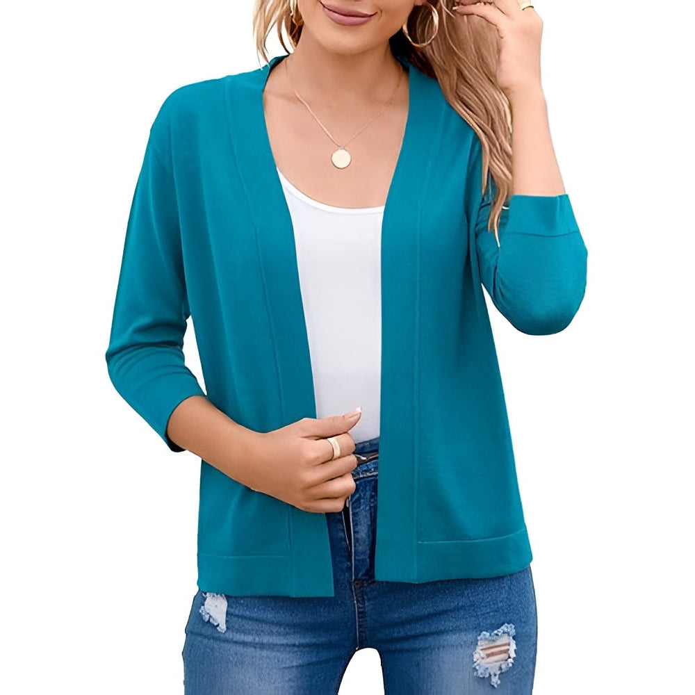 Womens Cropped Cardigan with 3 Quarter Sleeves and Open Front, Viscose Nylon Blend
