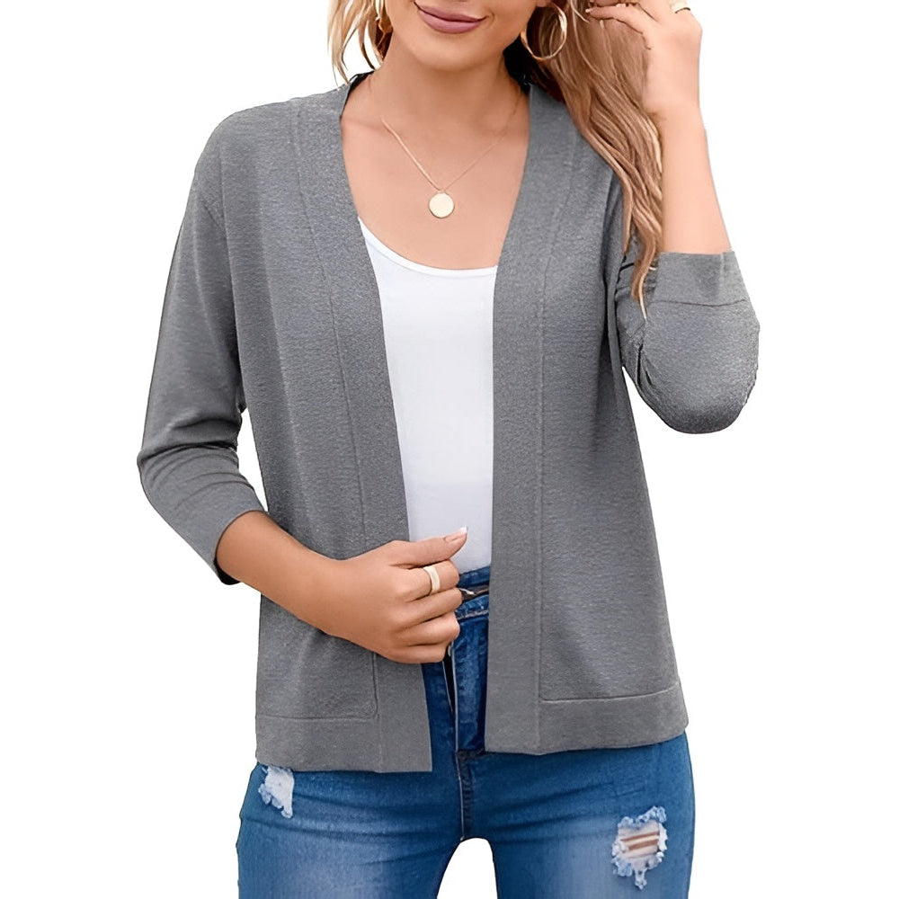 Womens Cropped Cardigan with 3 Quarter Sleeves and Open Front, Viscose Nylon Blend