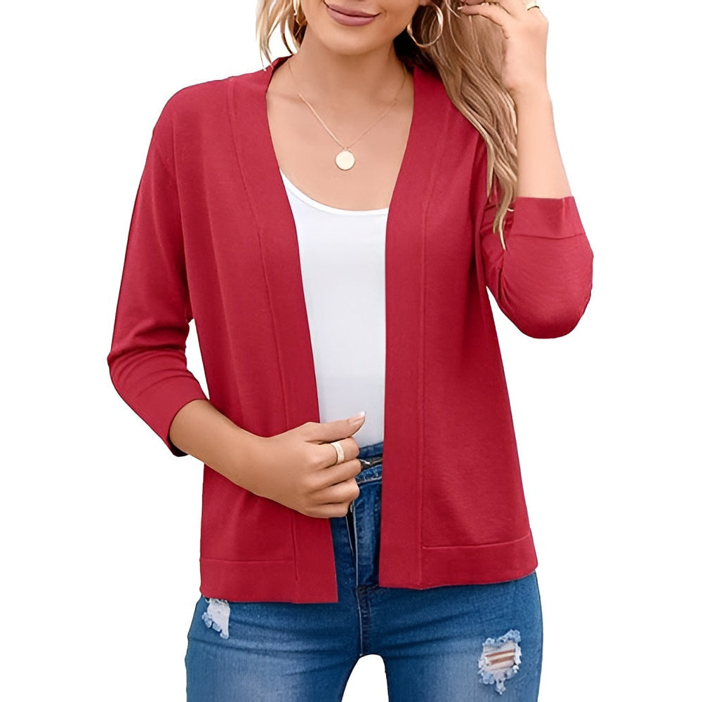 Womens Cropped Cardigan with 3 Quarter Sleeves and Open Front, Viscose Nylon Blend