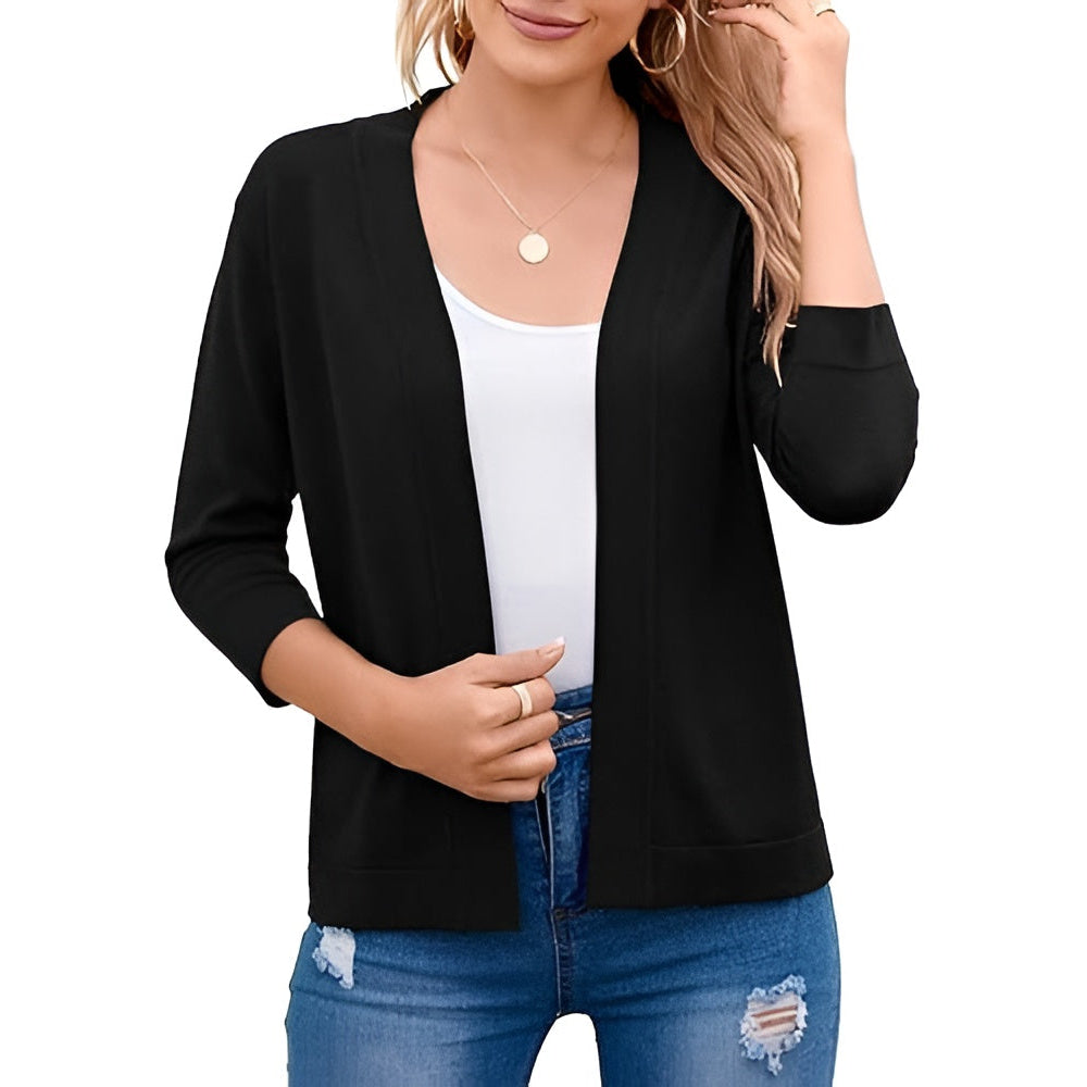 Womens Cropped Cardigan with 3 Quarter Sleeves and Open Front, Viscose Nylon Blend
