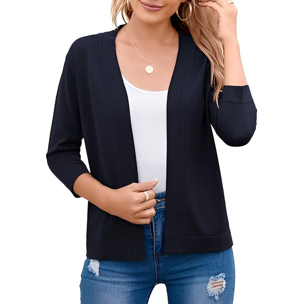 Womens Cropped Cardigan with 3 Quarter Sleeves and Open Front, Viscose Nylon Blend