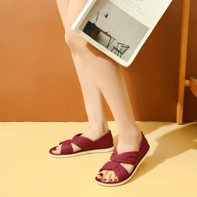 Womens Orthopedic Sandals, Open Toe Cross Strap Flats, Comfort Ruched Walking Shoes
