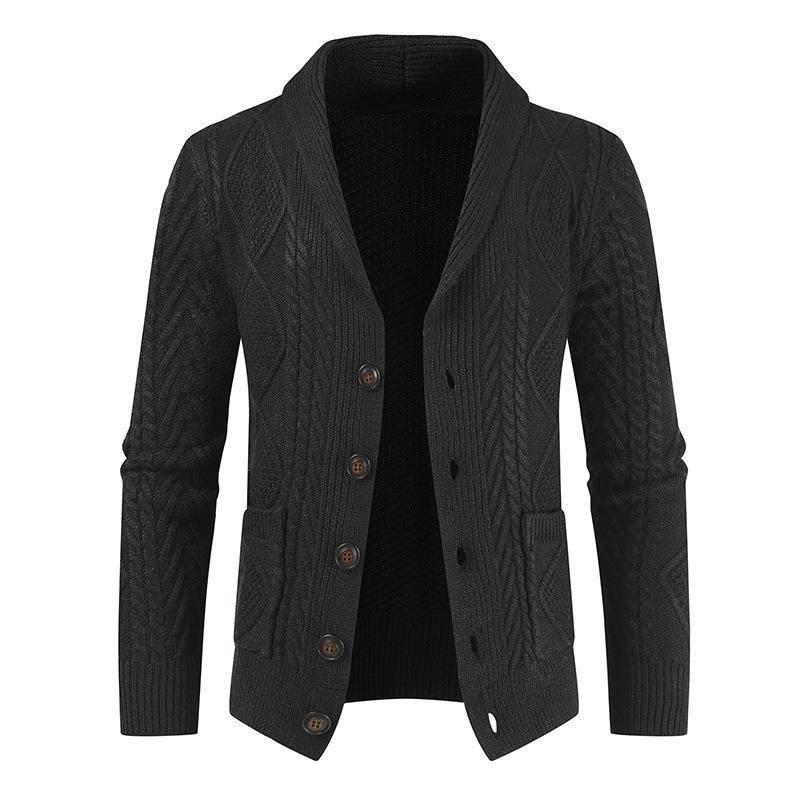 Mens Wool Blend Shawl Collar Cable Knit Cardigan Sweater, Button Front Long Sleeve with Pockets