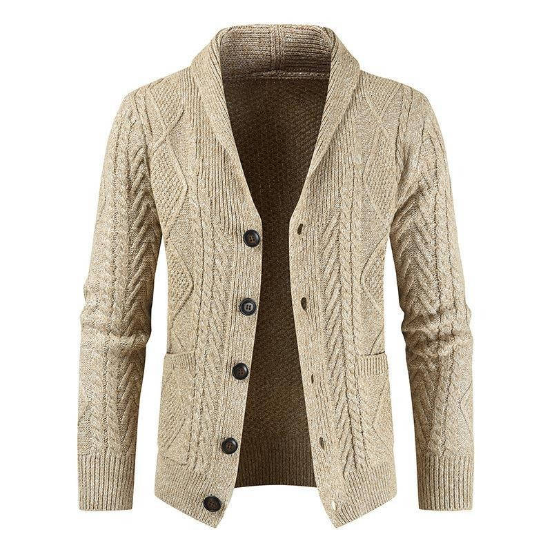 Mens Wool Blend Shawl Collar Cable Knit Cardigan Sweater, Button Front Long Sleeve with Pockets
