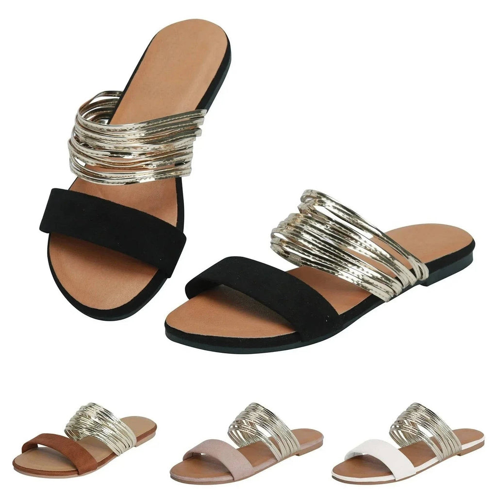 Womens Open Toe Multi Strap Slide Sandals with Adjustable Strap and Rhinestone Detail