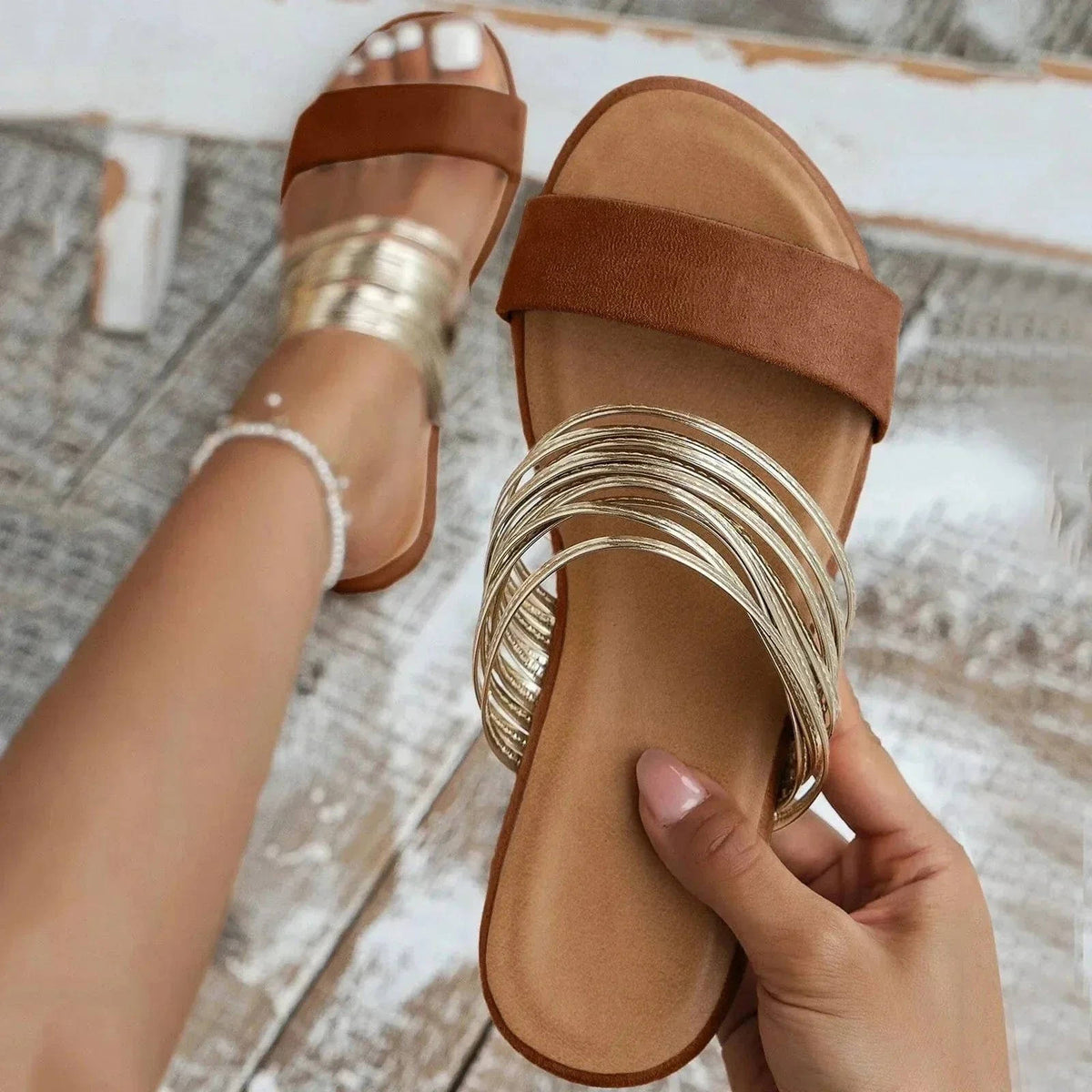 Womens Open Toe Multi Strap Slide Sandals with Adjustable Strap and Rhinestone Detail