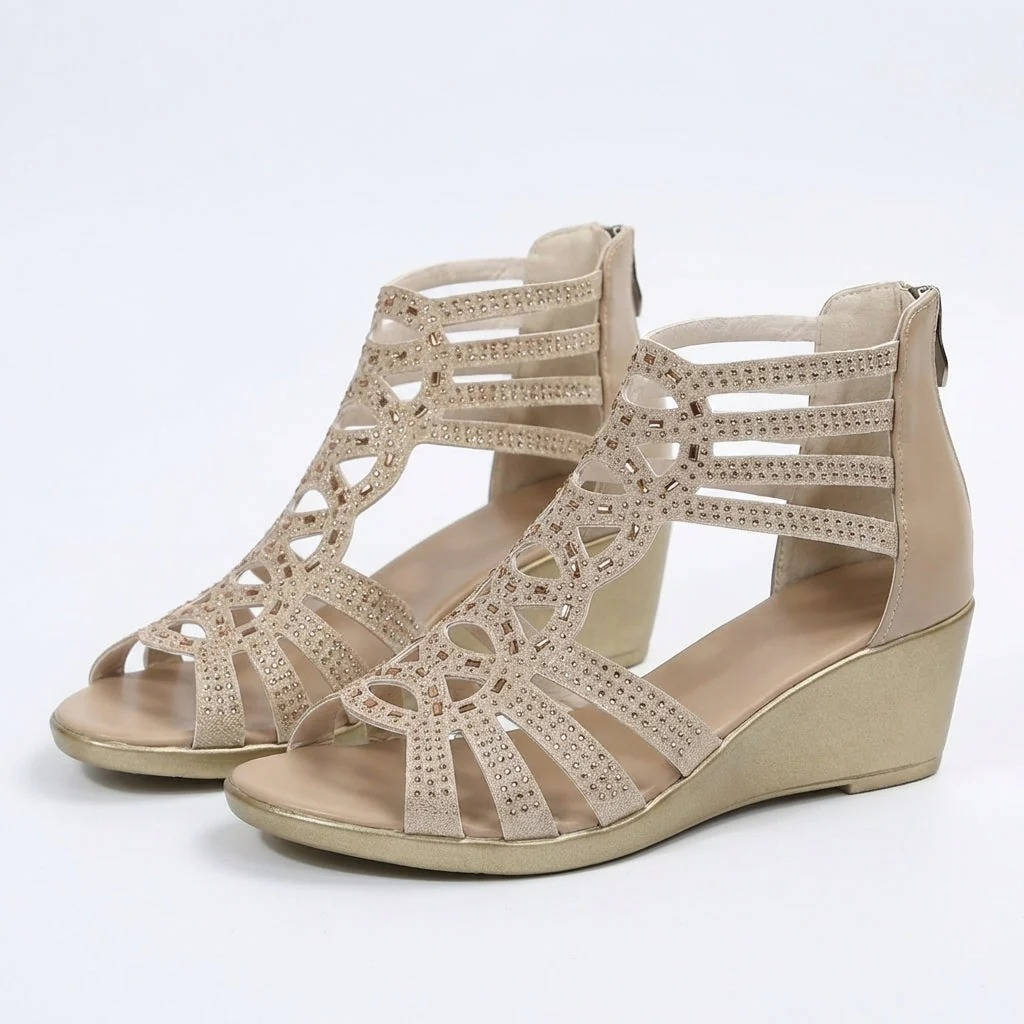 Womens Orthopedic Wedge Sandals, Rhinestone Hollow Out Gladiator Shoes, Casual Open Toe Comfortable Summer Sandals