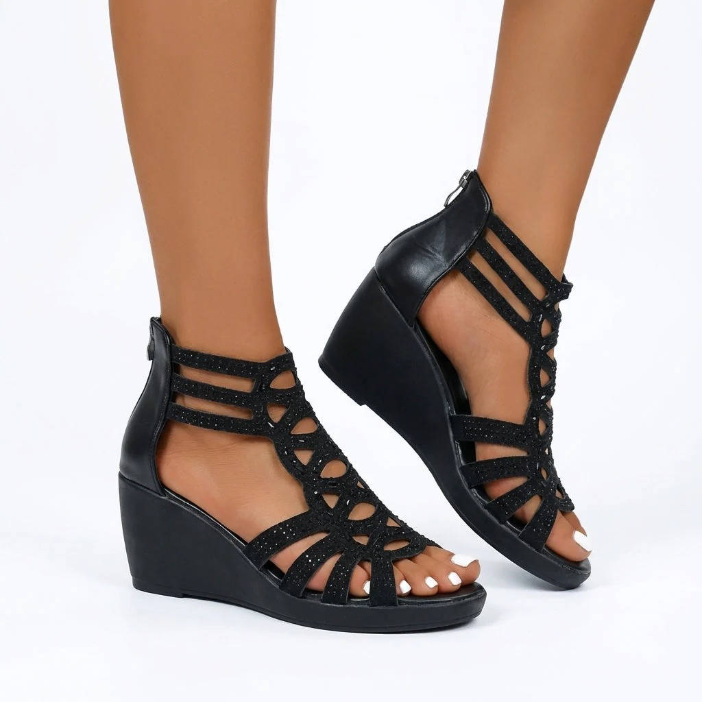 Womens Orthopedic Wedge Sandals, Rhinestone Hollow Out Gladiator Shoes, Casual Open Toe Comfortable Summer Sandals