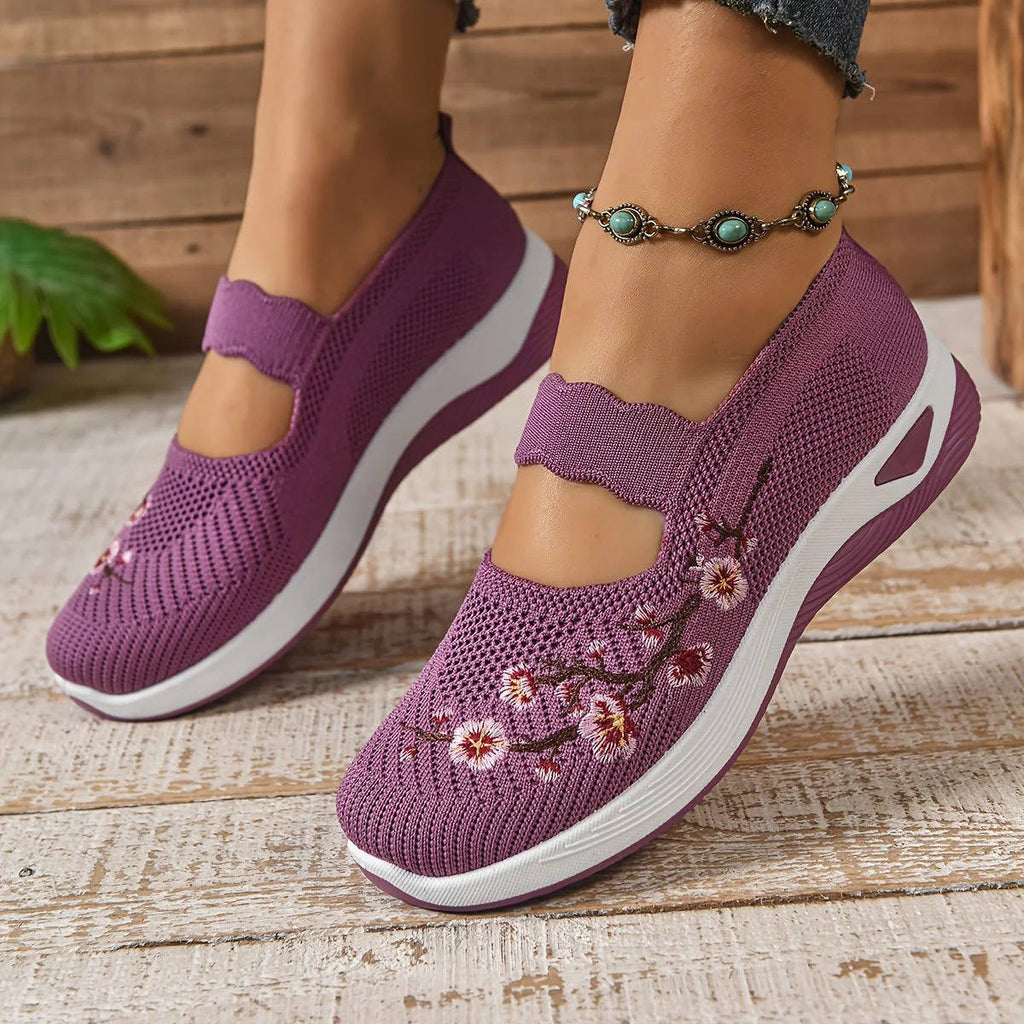 Womens Mary Jane Sneakers, Floral Embroidered Mesh Shoes, Slip on Elastic Strap Comfort Flats
