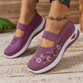 Womens Mary Jane Sneakers, Floral Embroidered Mesh Shoes, Slip on Elastic Strap Comfort Flats