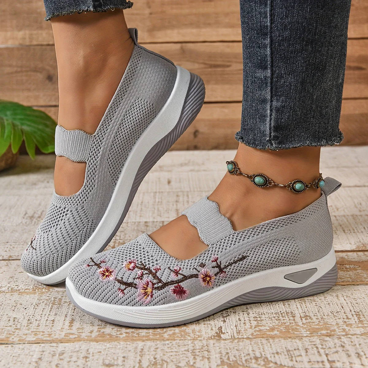 Womens Mary Jane Sneakers, Floral Embroidered Mesh Shoes, Slip on Elastic Strap Comfort Flats