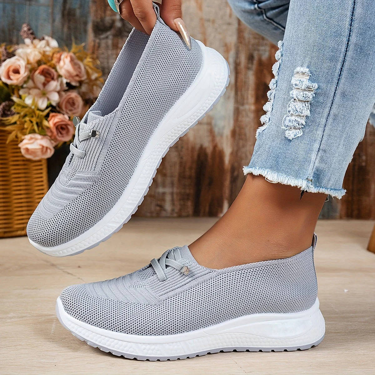 Womens Slip On Sneakers, Breathable Mesh Walking Shoes, Casual Lace Detail Comfort Loafers