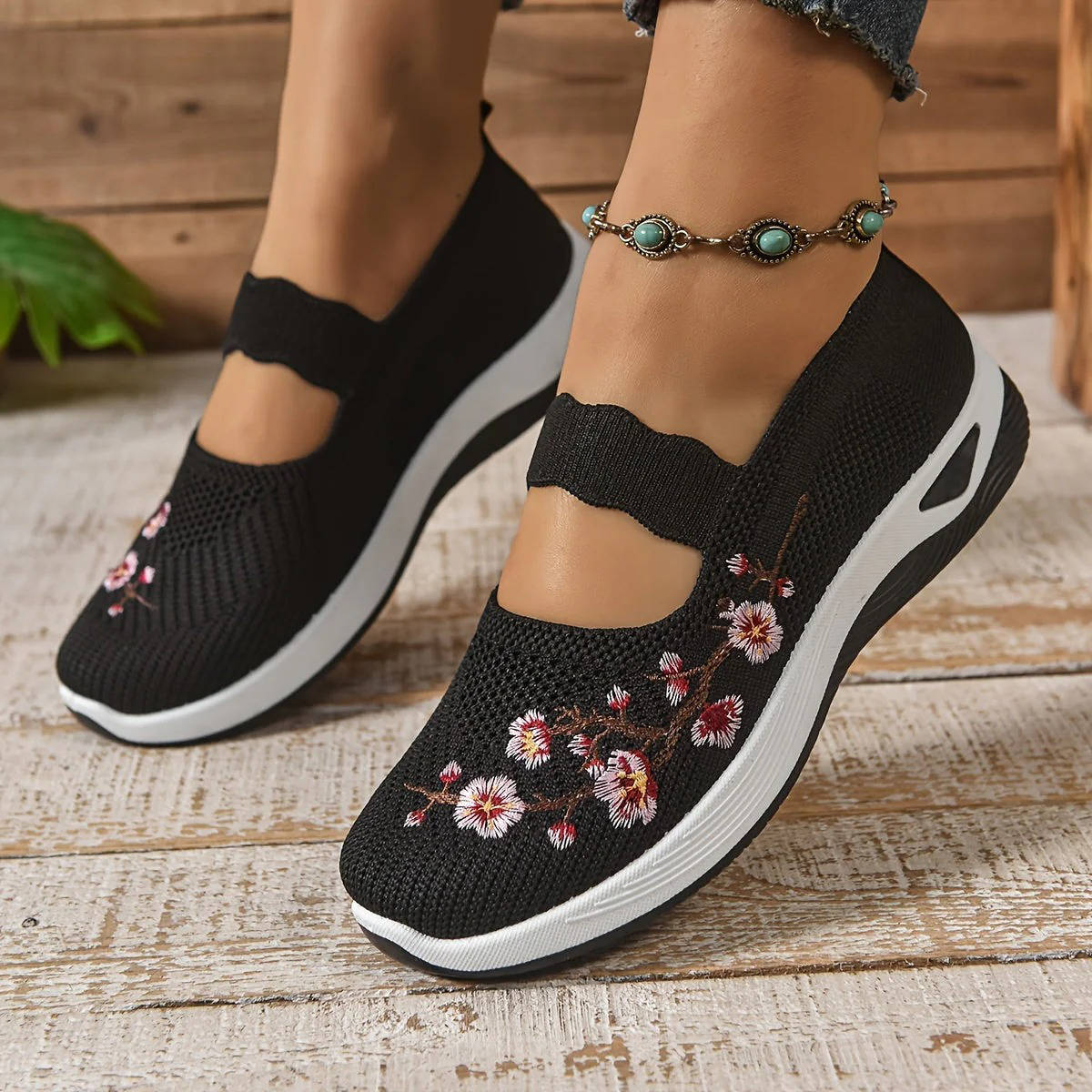 Womens Mary Jane Sneakers, Floral Embroidered Mesh Shoes, Slip on Elastic Strap Comfort Flats