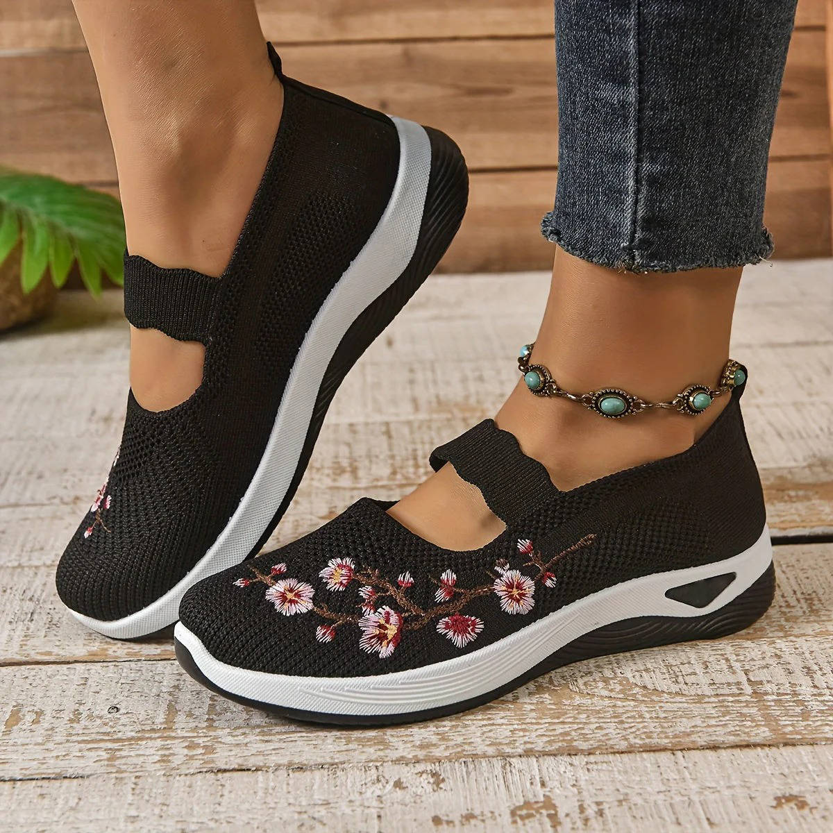 Womens Mary Jane Sneakers, Floral Embroidered Mesh Shoes, Slip on Elastic Strap Comfort Flats