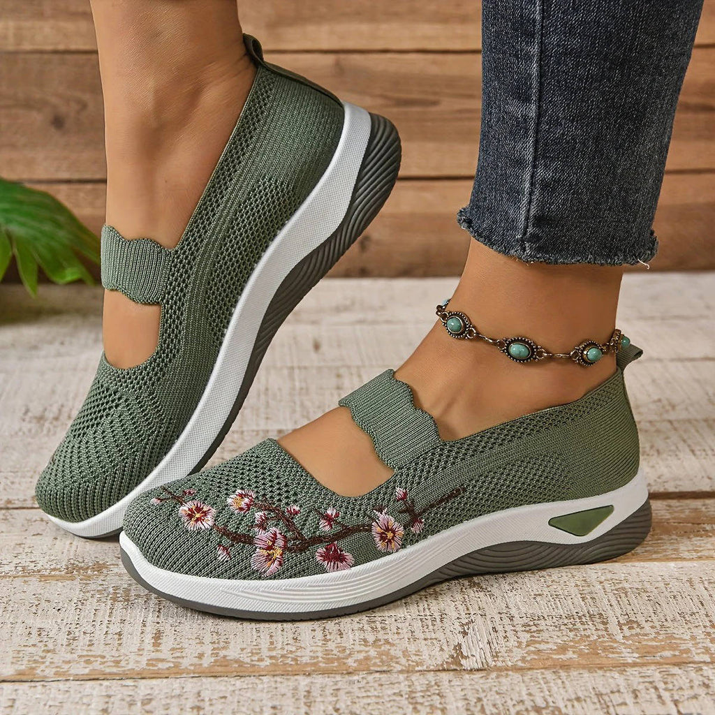 Womens Mary Jane Sneakers, Floral Embroidered Mesh Shoes, Slip on Elastic Strap Comfort Flats
