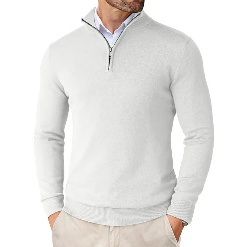 Mens Quarter-Zip Sweater with Ribbed Knit Details and Modern Fitted Cut
