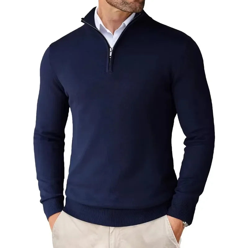Mens Quarter-Zip Sweater with Ribbed Knit Details and Modern Fitted Cut