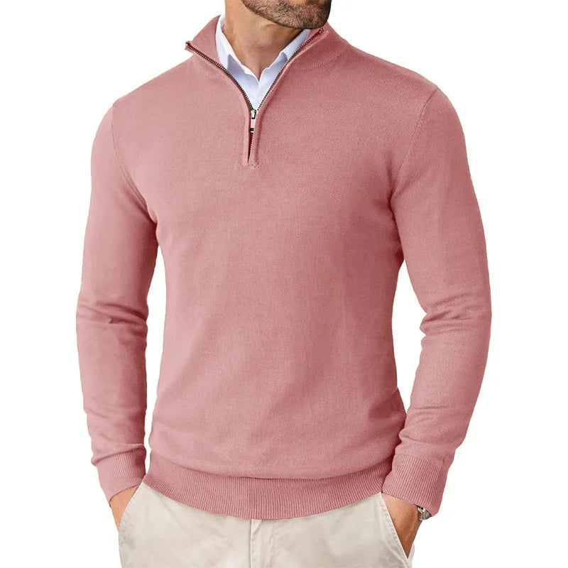 Mens Quarter-Zip Sweater with Ribbed Knit Details and Modern Fitted Cut