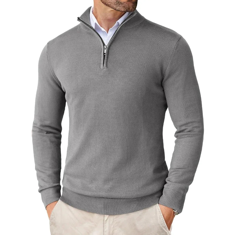 Mens Quarter-Zip Sweater with Ribbed Knit Details and Modern Fitted Cut