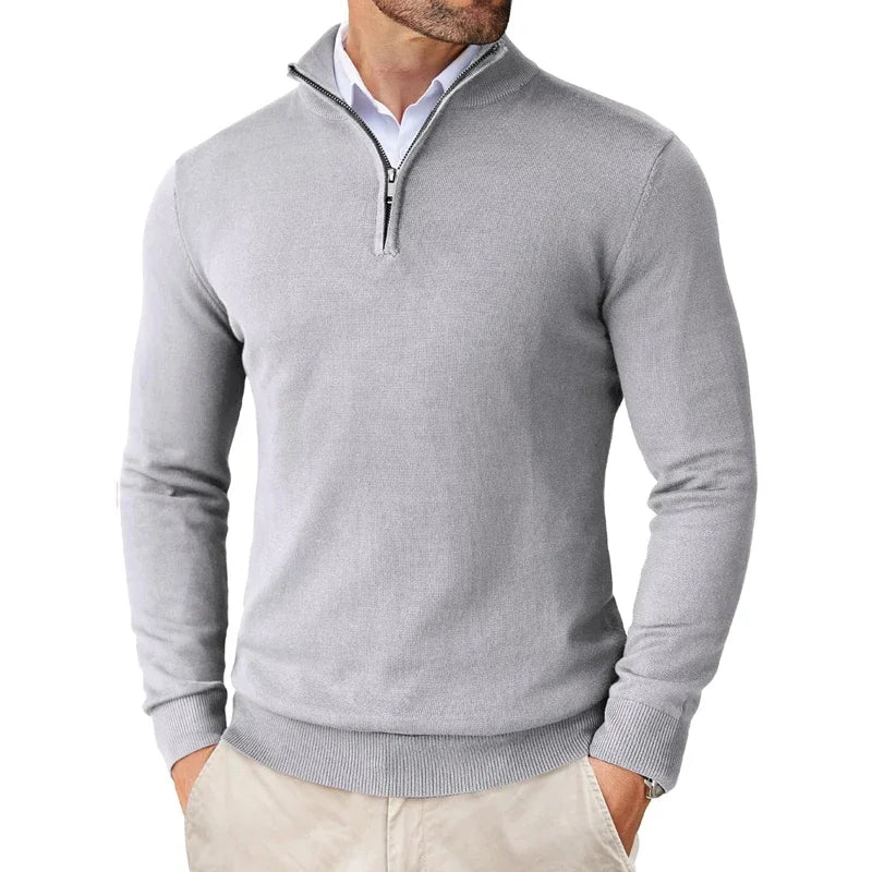 Mens Quarter-Zip Sweater with Ribbed Knit Details and Modern Fitted Cut