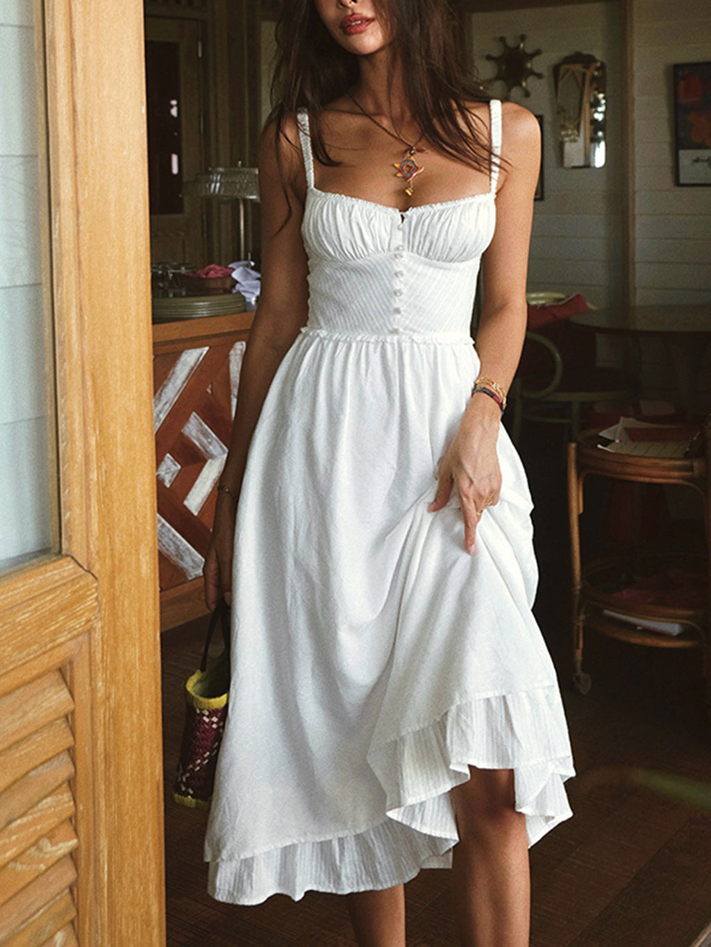 Sleeveless Midi Dress with Low-Cut Neckline and Cotton Blend Fabric