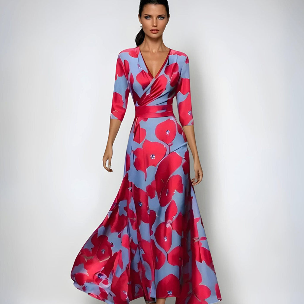 Womens Wrap Maxi Dress with V-Neckline and Floral Pattern, Three Quarter Sleeves
