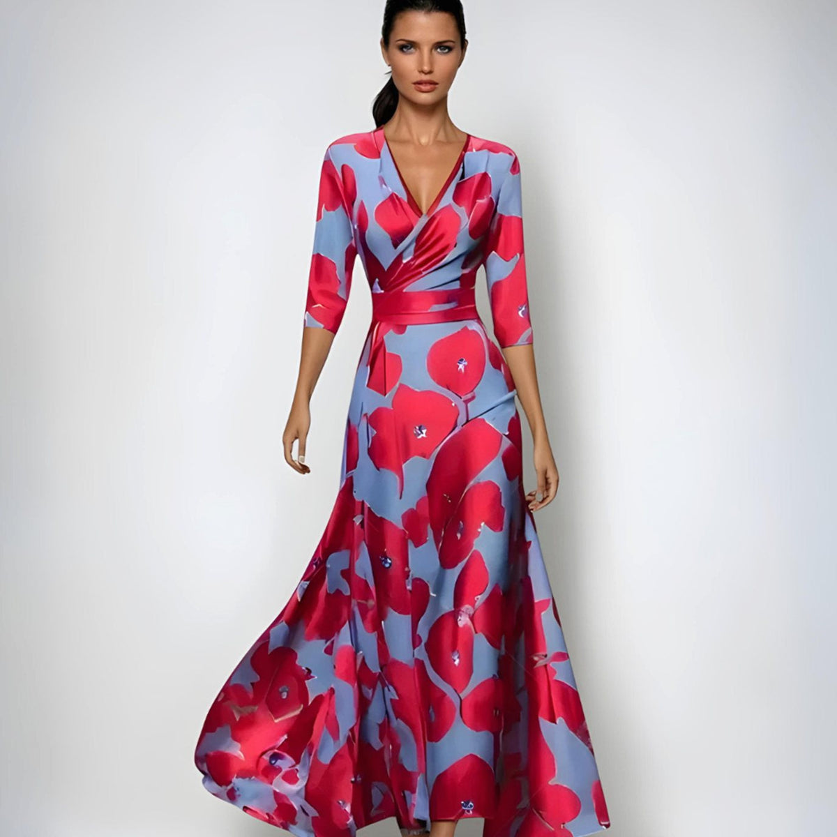 Womens Wrap Maxi Dress with V-Neckline and Floral Pattern, Three Quarter Sleeves