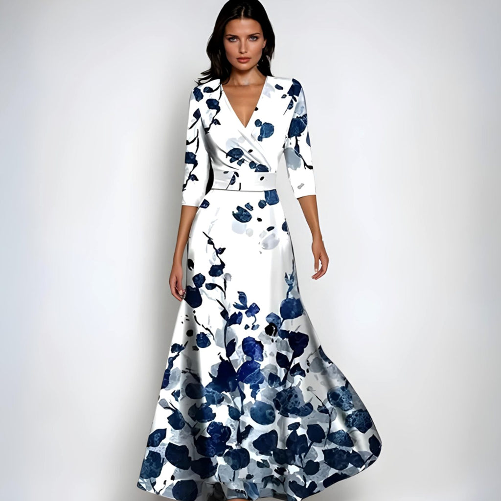 Womens Wrap Maxi Dress with V-Neckline and Floral Pattern, Three Quarter Sleeves
