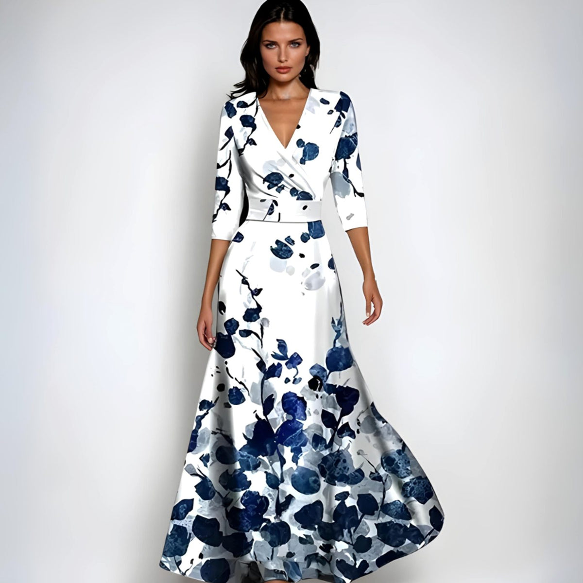 Womens Wrap Maxi Dress with V-Neckline and Floral Pattern, Three Quarter Sleeves