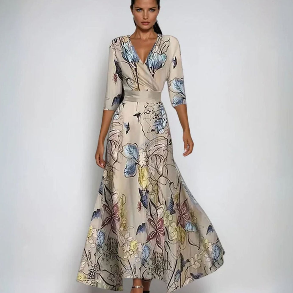 Womens Wrap Maxi Dress with V-Neckline and Floral Pattern, Three Quarter Sleeves