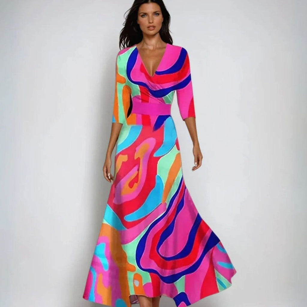 Womens Wrap Maxi Dress with V-Neckline and Floral Pattern, Three Quarter Sleeves