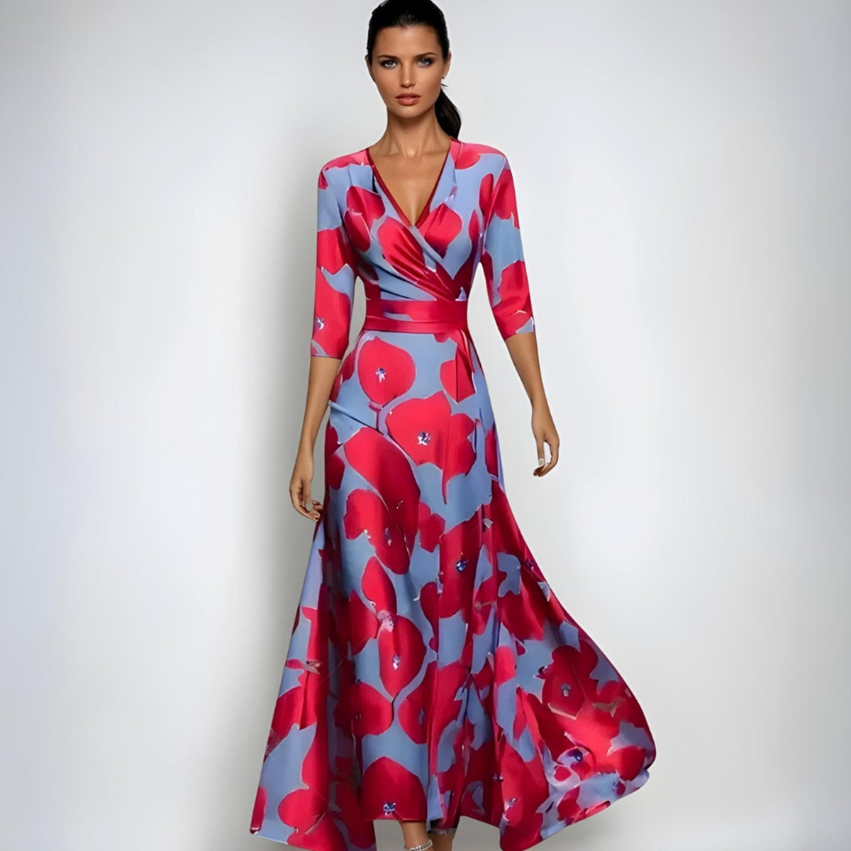 Womens Wrap Maxi Dress with V-Neckline and Floral Pattern, Three Quarter Sleeves