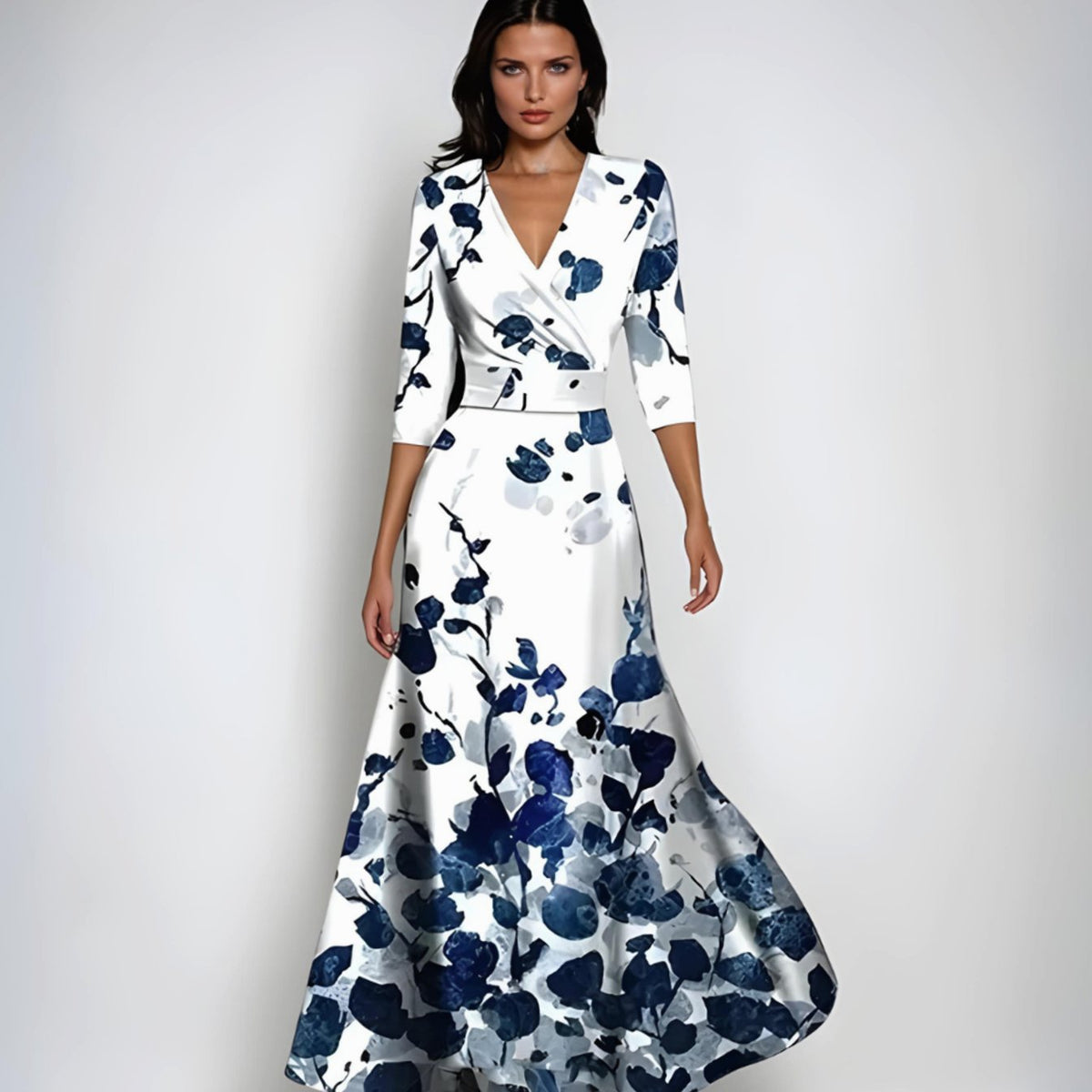 Womens Wrap Maxi Dress with V-Neckline and Floral Pattern, Three Quarter Sleeves